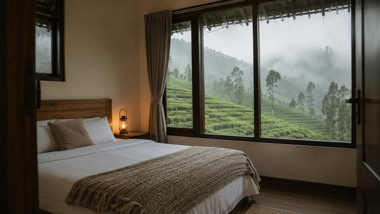 Kamar tidur hangat menghadap hujan Pangalengan